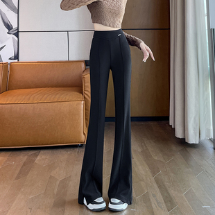 喇叭裤 松紧腰垂感休闲西装 子 女春秋高腰显瘦修身 侧开叉黑色微喇裤