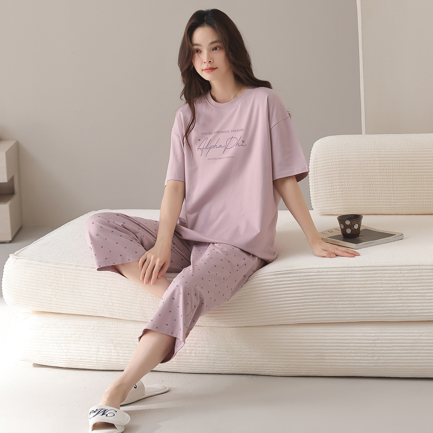 睡衣女夏薄款莱卡棉短袖七分裤休闲凉感女家居服夏季宽松大码套装