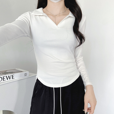 翻领2023秋POLO领洋气时尚韩版显瘦设计感长袖修身短款辣妹气质