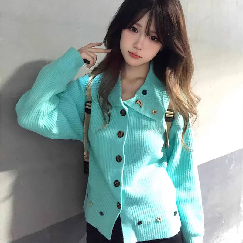 韩系慵懒风蓝色翻领针织开衫女秋冬新款高级松弛宽松软糯毛衣外套,女装/女士精品,毛针织衫,淘宝优惠券,粉丝福利购,淘宝优惠卷