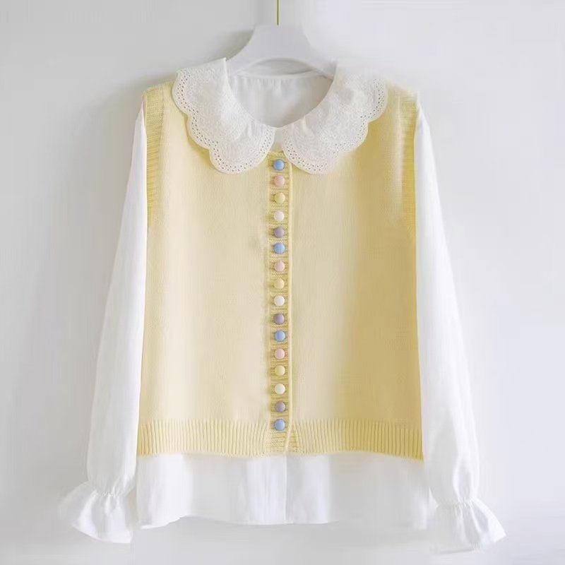 甜美可爱装彩扣针织马甲钩花娃娃领衬衫女春季新款叠穿上衣,女装/女士精品,毛针织衫,淘宝优惠券,粉丝福利购,淘宝优惠卷