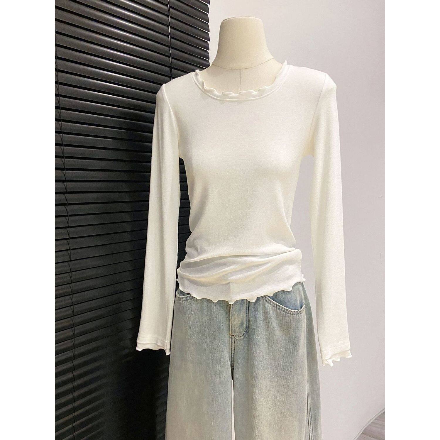 白色圆领木耳边长袖t恤女2025秋季新款修身显瘦简约休闲打底上衣