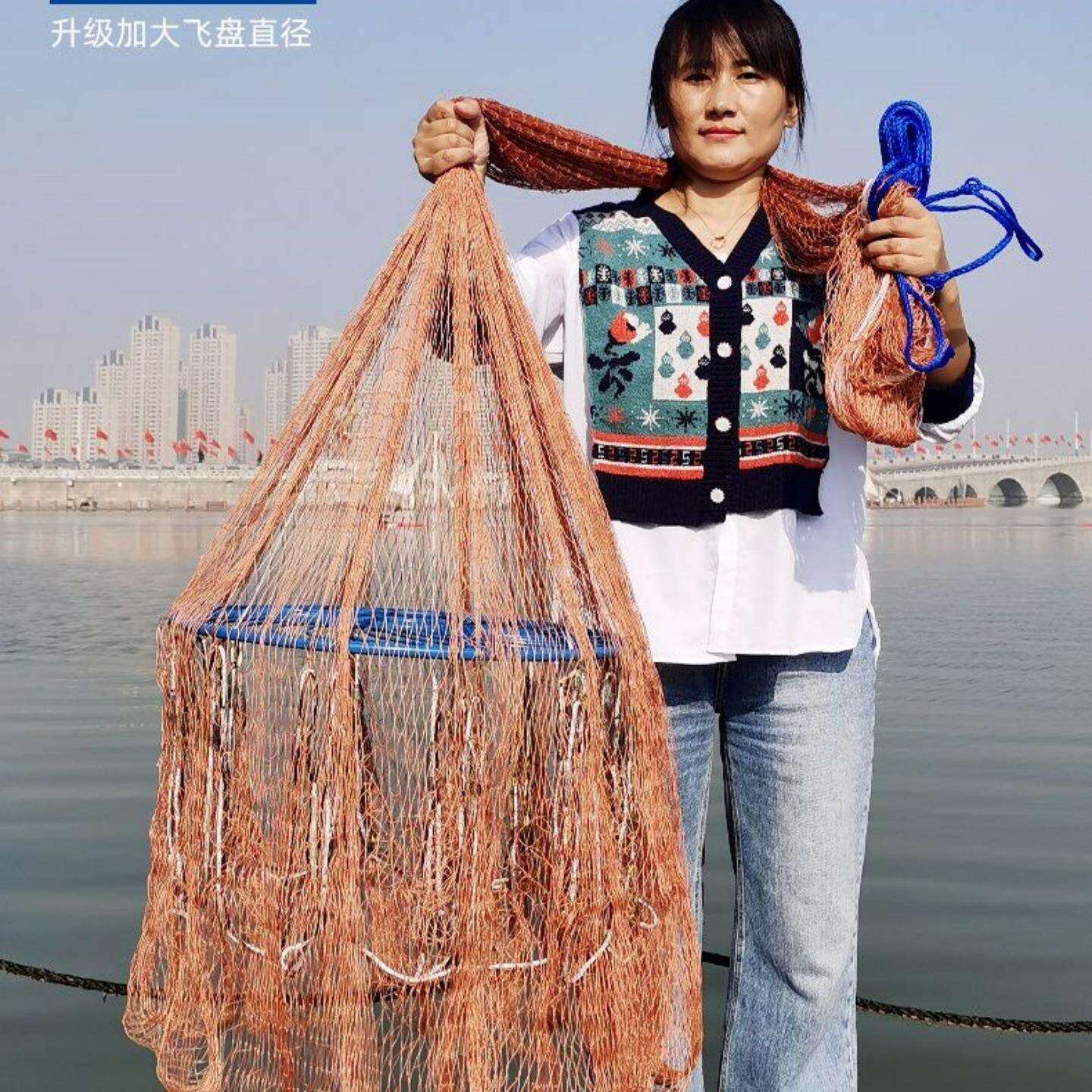 撒网飞盘式手抛网铁链坠带兜自动铅坠鱼网轮胎线耐用耐磨捕鱼网