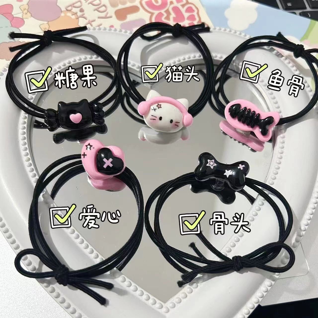 卡通甜酷耳机KT猫头绳ins骨头小鱼皮筋少女学生情侣皮筋森系发圈