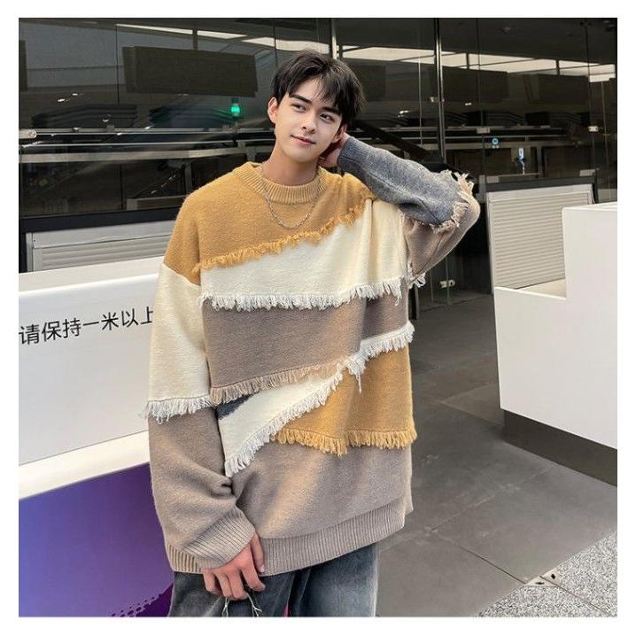 不规则设计感毛衣男流苏软糯撞色针织衫毛衣男生潮牌秋冬新款百搭