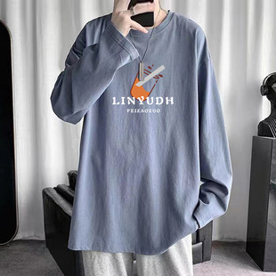 圆领冬款长袖印花衫男初中春秋宽松T恤内打底体恤搭简约情侣学生