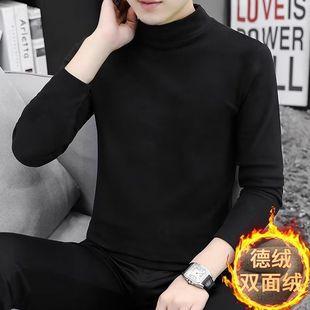 秋冬款男士中领长袖t恤青少年半高领纯色厚款百搭内衬打底衫痞帅