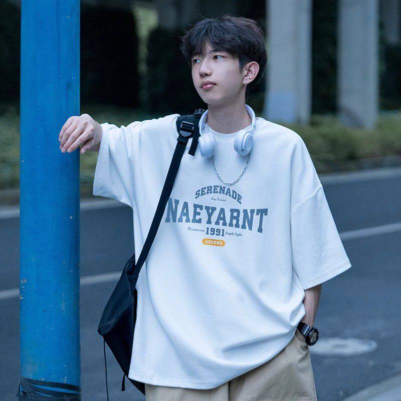 日系少年感藏青色五分短袖t恤男款夏季潮流潮牌宽松大码男生上衣