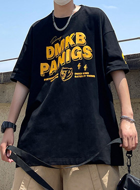 oversizeT恤欧美印花t冰丝短袖凉感百搭bf恤男潮牌袖体恤五分潮流