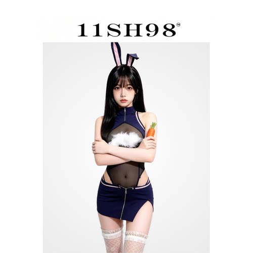 11SH98性感立领拉链睡裙女夏季无袖透视网纱拼接兔女郎睡衣情调女