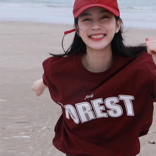 ins潮流美式街头字母印花酒红色T恤短袖男女2024夏季新款宽松纯棉