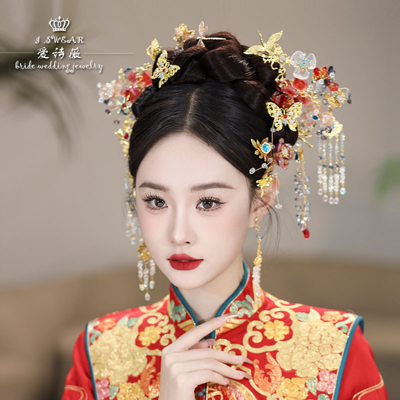 爱诗薇中式婚礼合金水晶凤钗花朵头饰复古汉服新娘传统秀禾发饰品