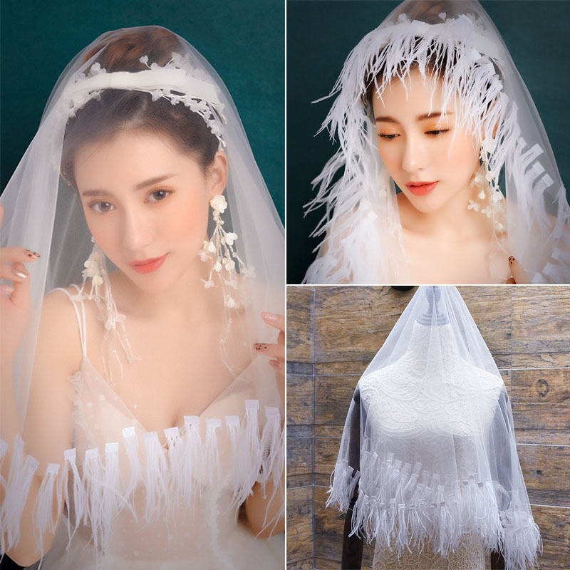 爱诗薇唯美灵动羽毛绢纱头纱发饰新娘结婚纱写真造型素纱软纱配饰