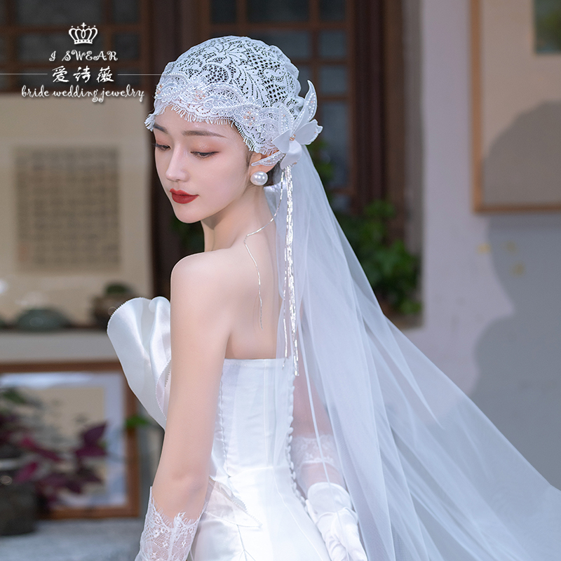 爱诗薇手工蕾丝长款头纱唯美新娘日韩影楼造型礼服旅拍素纱配饰
