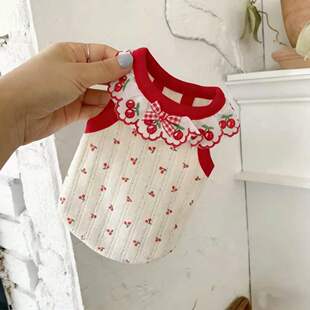 宠物狗衣服狗狗翻领背心超萌春秋樱桃印花舒适小型犬比熊约克夏