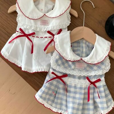 狗狗猫咪衣服复古格纹海军领衬衫小型犬马尔济斯博美比熊泰迪春秋