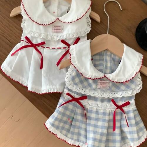 狗狗猫咪衣服复古格纹海军领衬衫小型犬马尔济斯博美比熊泰迪春秋