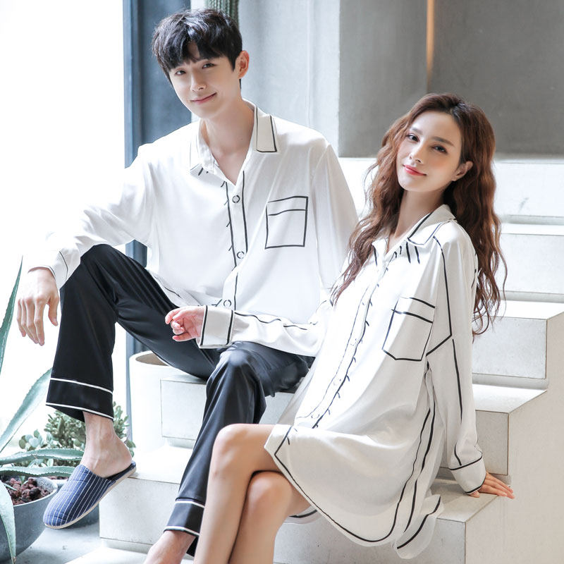 3情侣睡衣春秋款2021新款网红爆款冰丝长袖睡裙薄款可外穿男家居服
