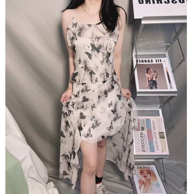 法式不规则蝴蝶吊带连衣裙女洋气显瘦2024年夏季女装长裙潮女短裙