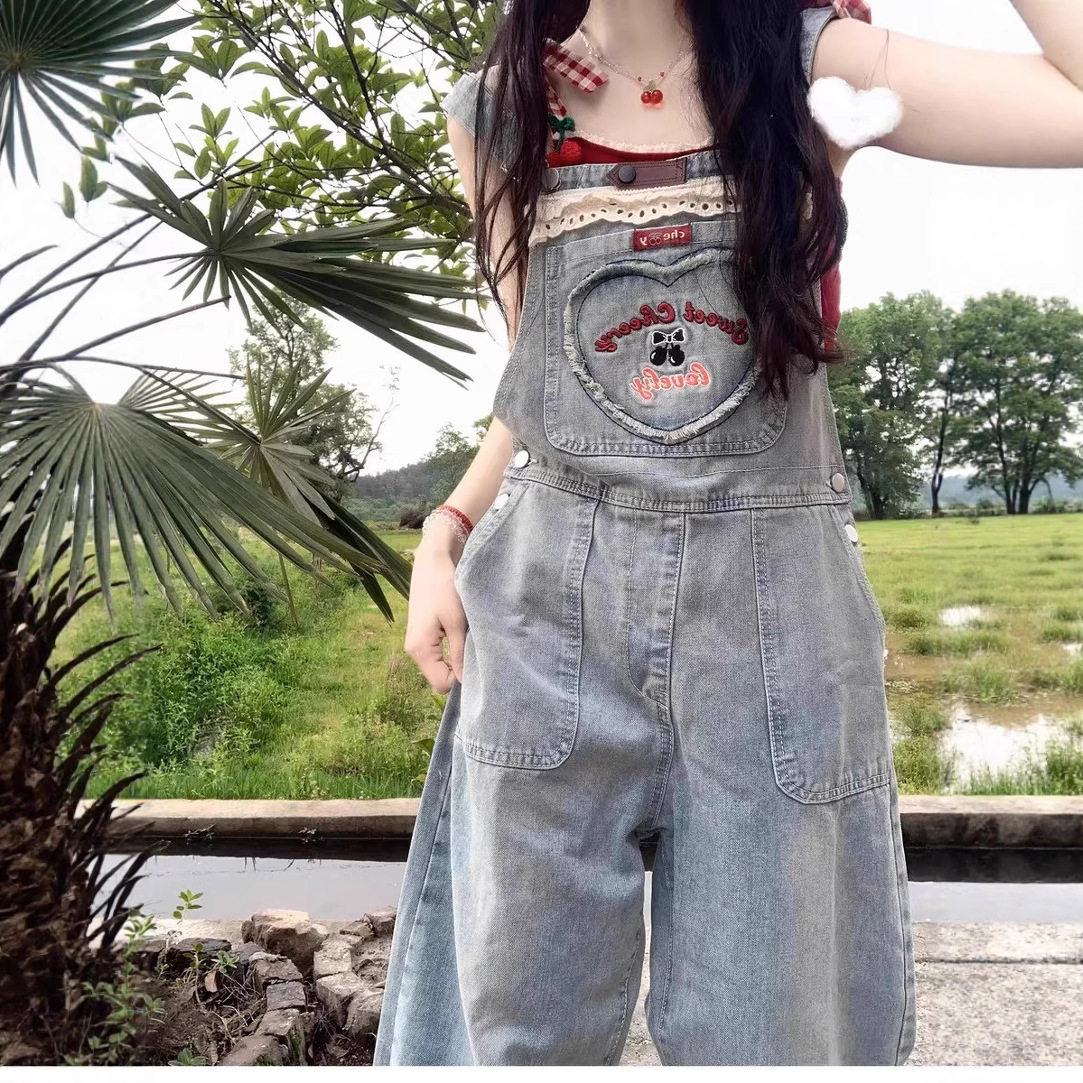 樱桃天菜牛仔背带裤女夏季韩版宽松可爱学生减龄小个子直筒连体裤图片