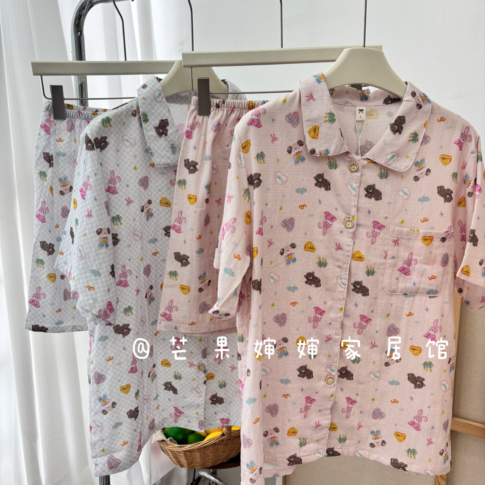 软软的实体批发全棉双层纱卡通印花短袖短裤睡衣家居服套装女