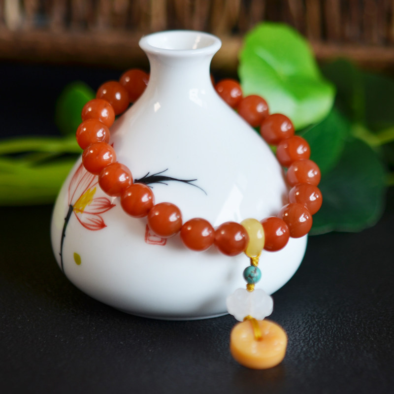 밀랍과 들옥 토파즈 액세서리가 포함된 천연 크리스탈 사천 소재 체리 레드 남부 붉은 마노 팔찌 9MM 여성용 모델