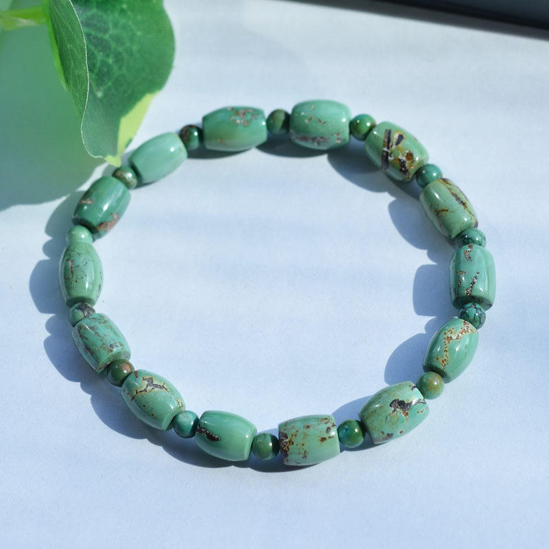남성과 여성을위한 천연 크리스탈 원시 광석 높은 도자기 최적화되지 않은 녹색 청록색 배럴 비드 팔찌 단일 원형 원래 복고풍 스타일