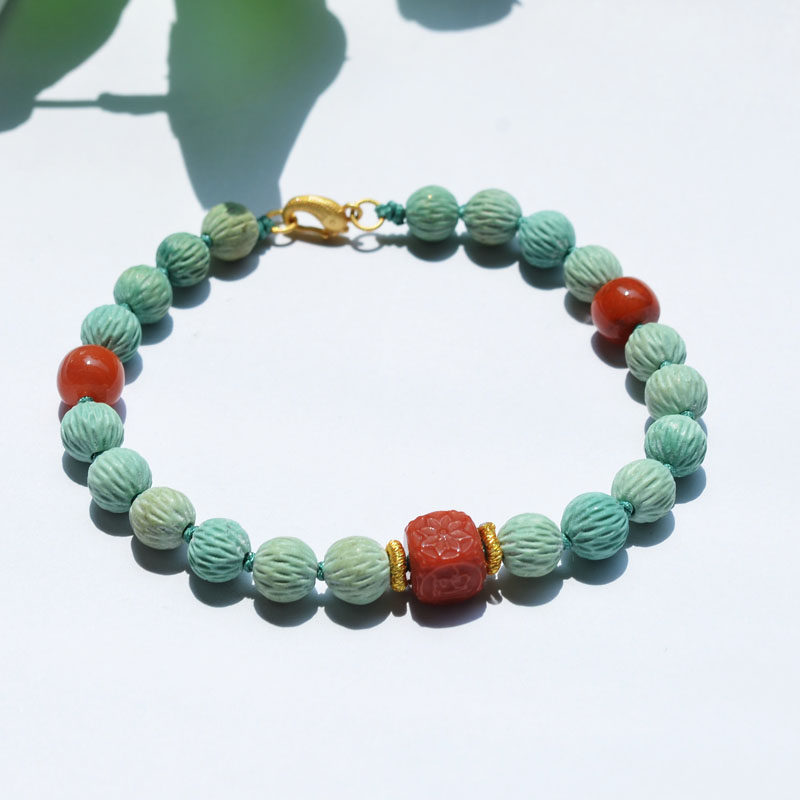 남부 붉은 손으로 짠 앤티크 스타일의 천연 크리스탈 광석 미디엄 도자기 매트 황록색 청록색 패션 씨앗 팔찌