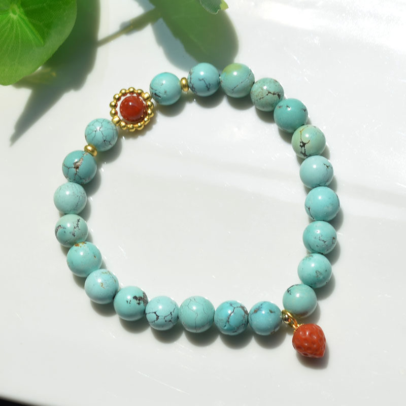 단일 원과 남부 붉은 딸기가 있는 천연 크리스탈 원광석 최적화되지 않은 파란색 청록색 팔찌 단순하고 우아한 여성 스타일