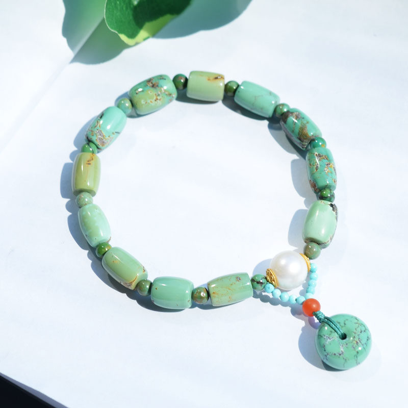 여성을위한 청록색 안전 버클 골동품 숲 스타일과 천연 크리스탈 광석 높은 도자기 녹색 청록색 배럴 비드 팔찌