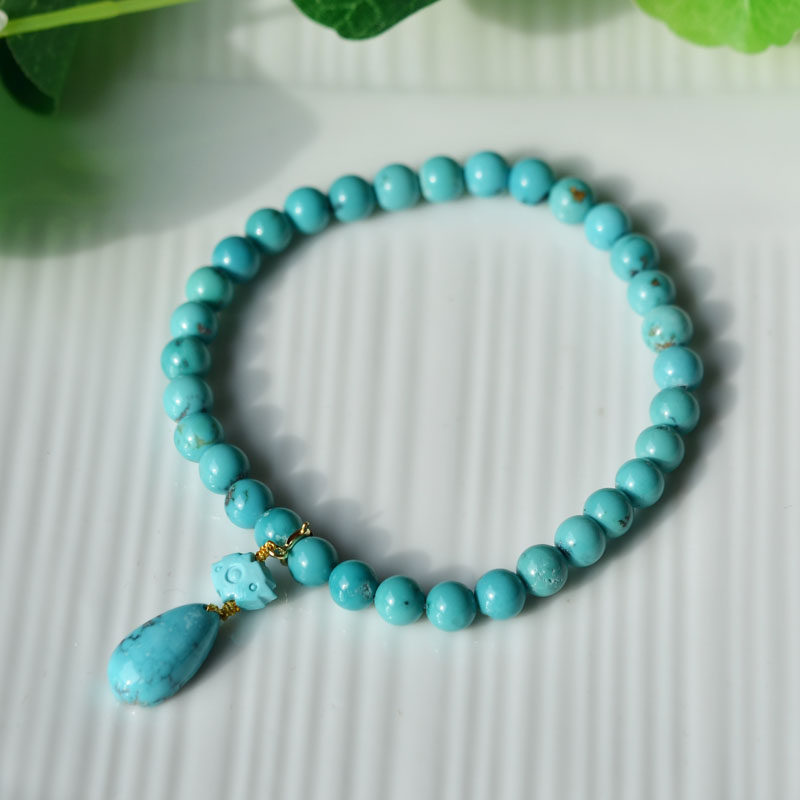 천연 원시 광물 높은 도자기 파란색 청록색 단일 원형 팔찌 5.8MM 물방울이 있는 작은 입자 단순하고 틈새 스타일