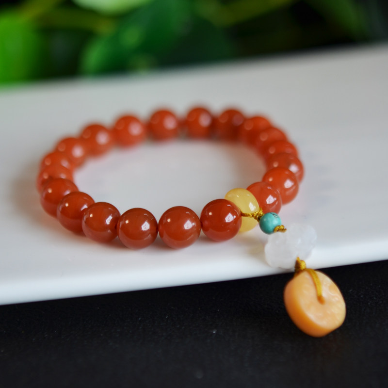 밀랍과 들옥 토파즈 액세서리가 포함된 천연 크리스탈 사천 소재 체리 레드 남부 붉은 마노 팔찌 9MM 여성용 모델