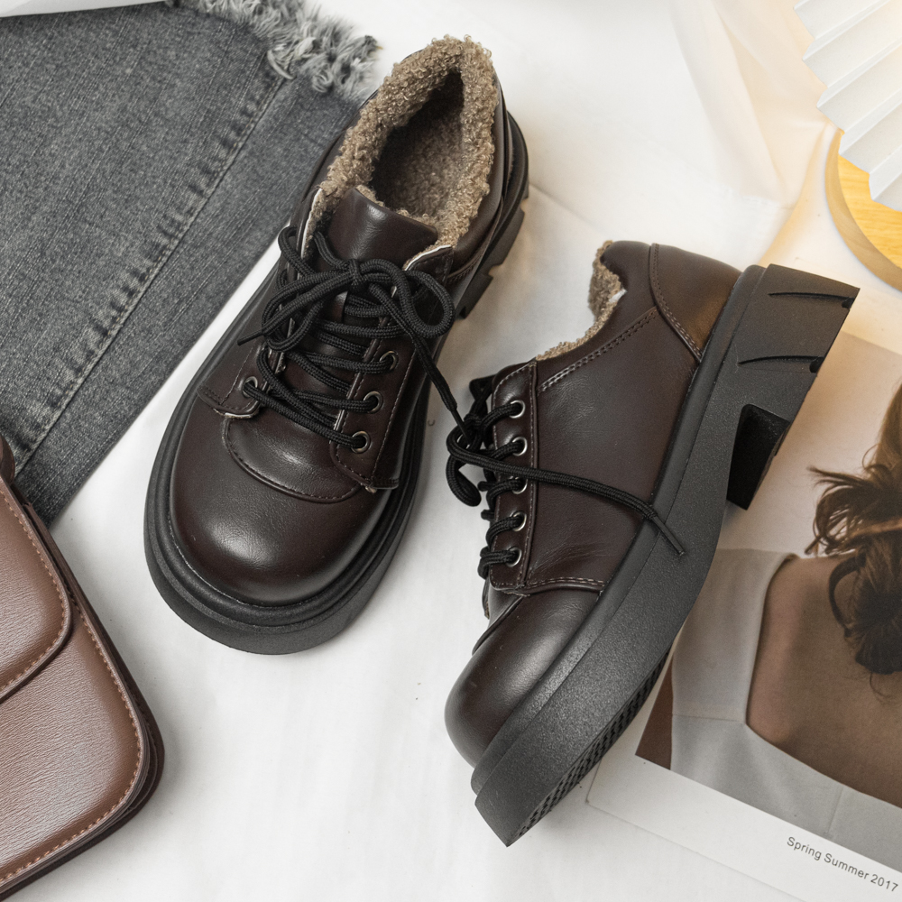 加绒小皮鞋女英伦风厚底鞋