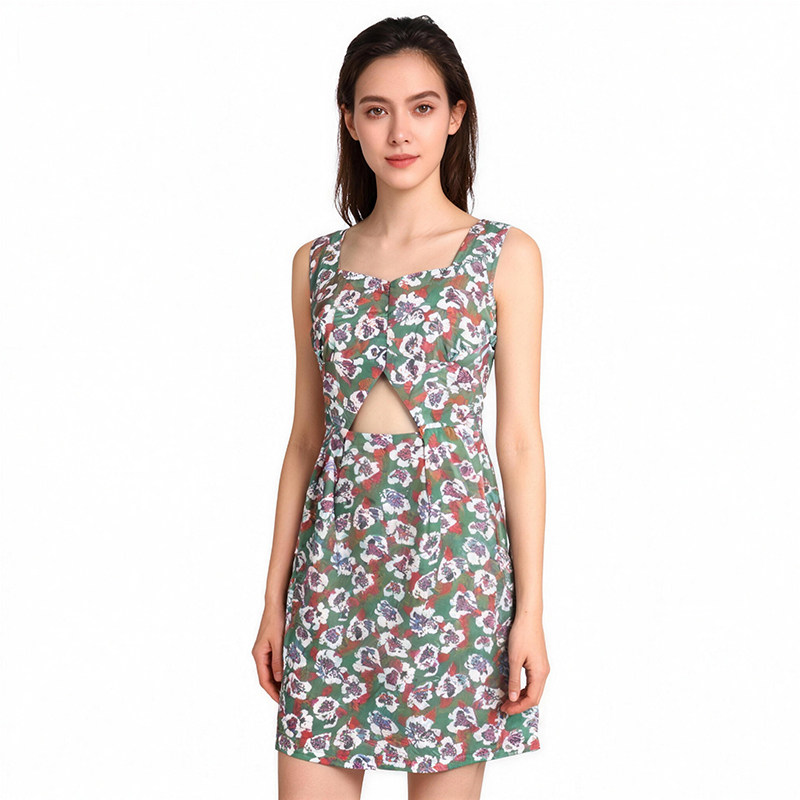 直筒棉混纺花朵镂空连衣裙