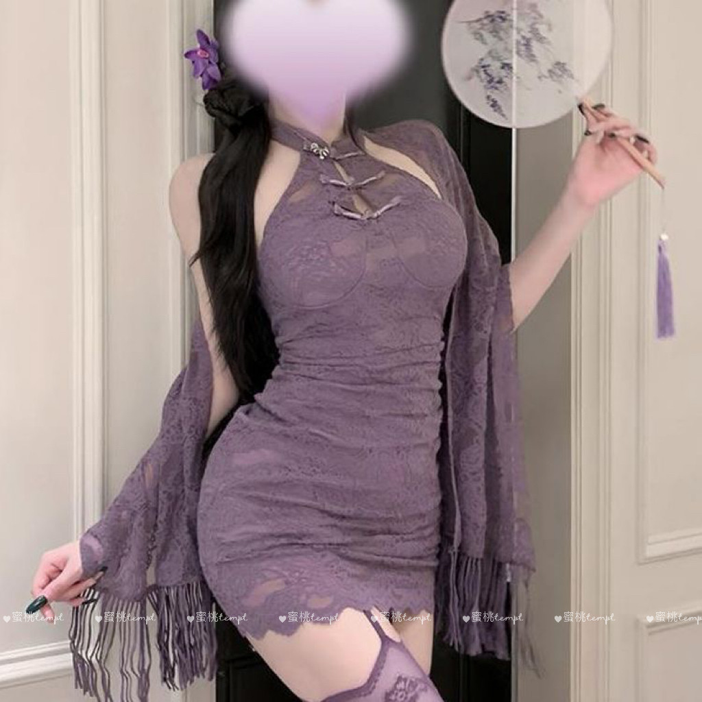 qqny国风制服新中式旗袍女连衣裙纯欲高级感紫色包臀性感情调内衣