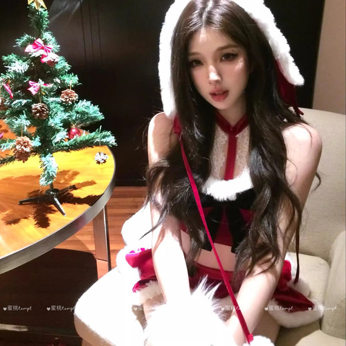 战袍新年红性感抹胸可爱圣诞穿搭小红帽限定半身裙套装挂脖上衣女