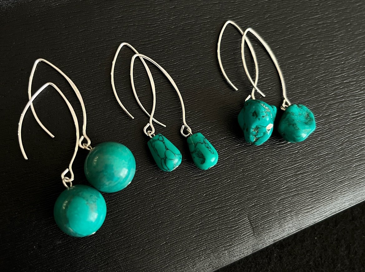 925纯银绿松手工耳环蒙古银饰女士耳坠纯银大耳勾异形松石银耳环