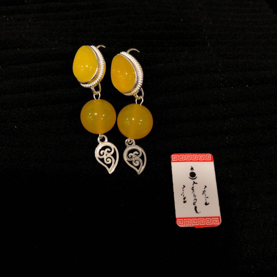 990足银蒙古手工耳环纯银黄玉髓绿松石黑玛瑙红松耳坠藏族银耳饰