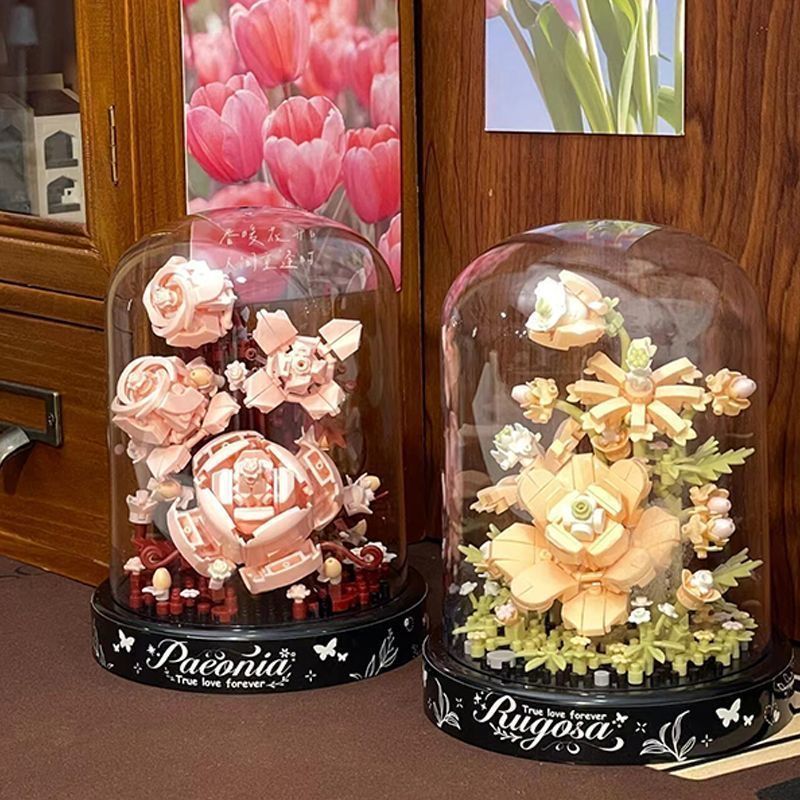 微颗粒微钻网红新款香槟玫瑰仿真盆栽积木男女生系列情人节礼物