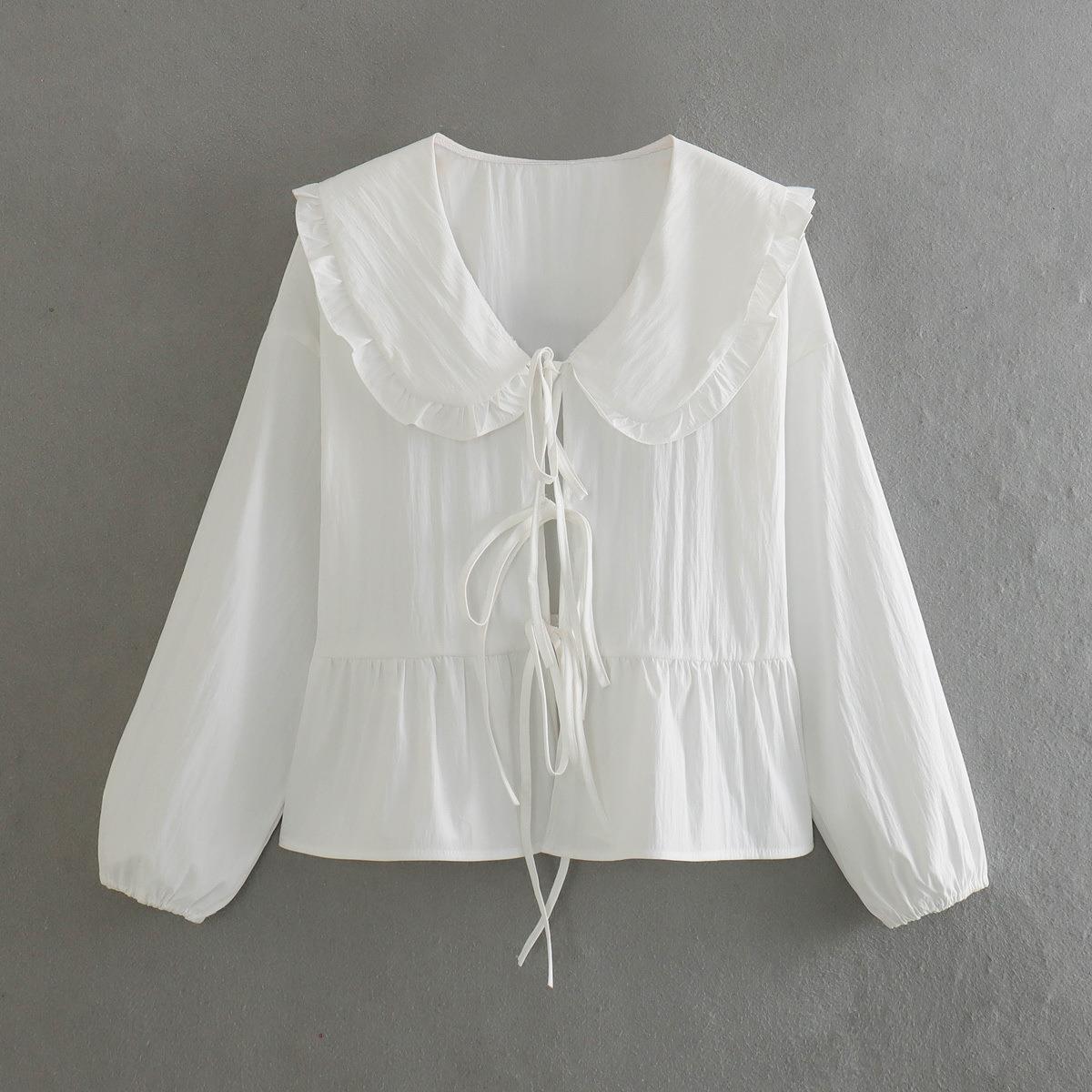 women pleated hem shirt versatile spring collar puff solid
