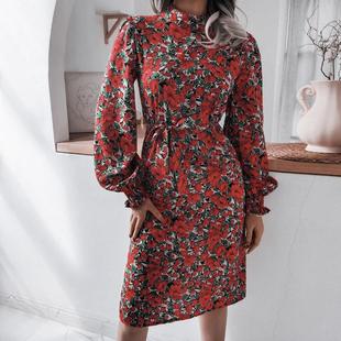 collar long lantern floral stand chiffon dress sleeve