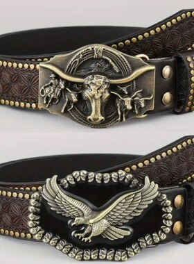 Denim belt cow head large plate buckle trendy 牛仔皮带牛头