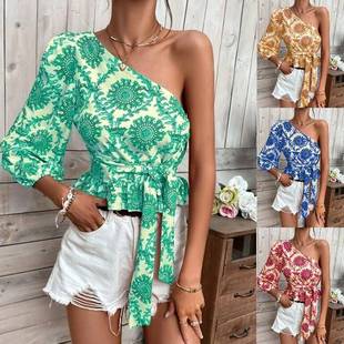 hem one-shoulder lantern ruffled shirt top sleeve Summer