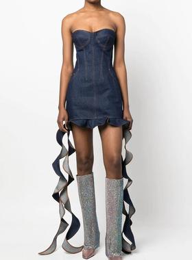 Sexy ruffle skirt slim hip-hugging ribbon denim wrap dress