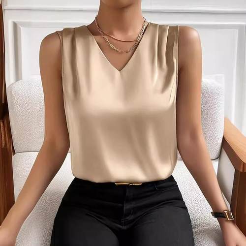 female shirt all-match color solid holiday top vest V-neck