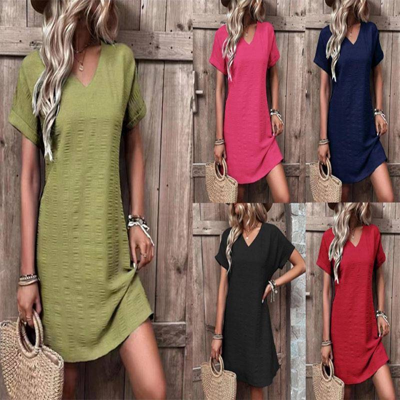 dress short-sleeved color solid V-neck fit slim sexy