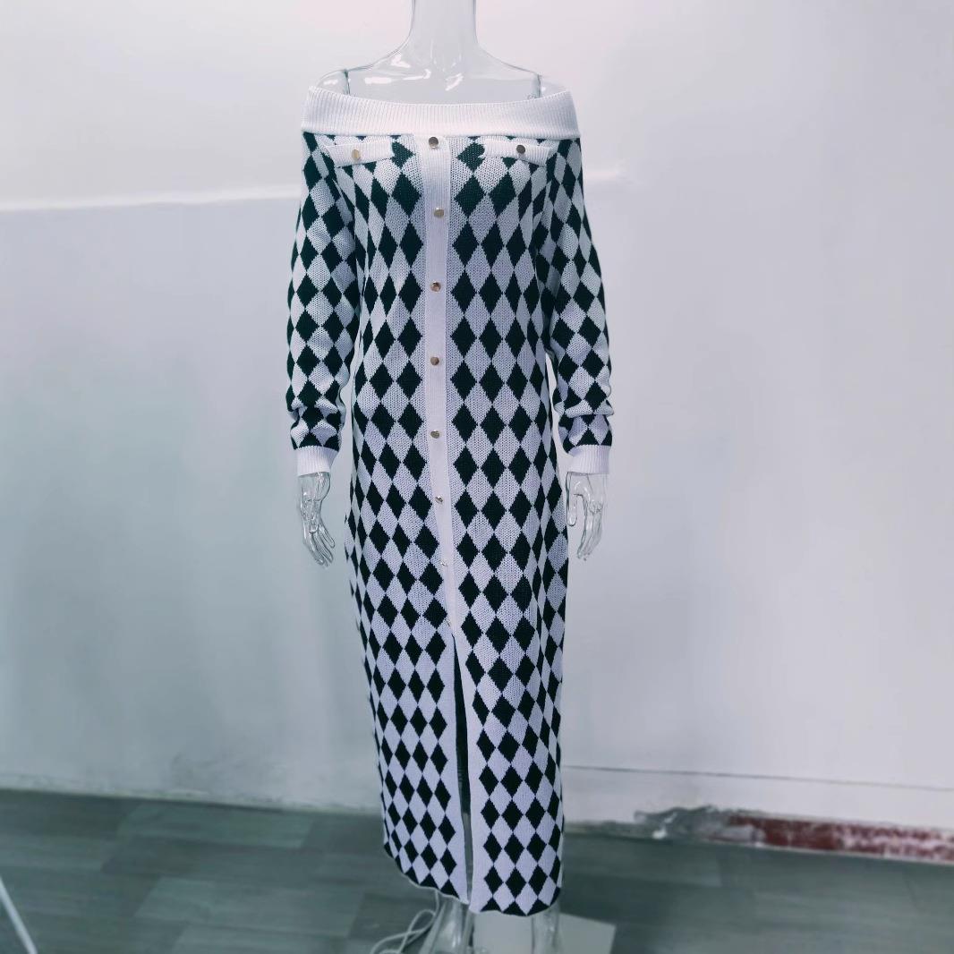 Houndstooth contrast color boat neck tube top knitted