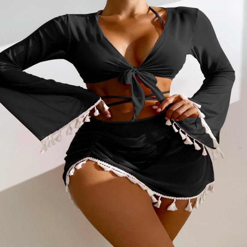 Swimsuit women blouse solid skirt tassel bikini mesh short