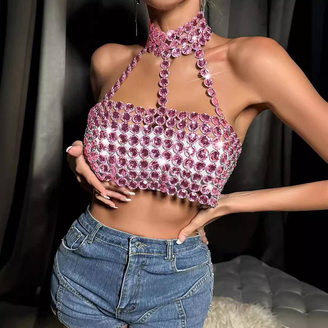 top neck halter camisole gem backless fit slim nightclub