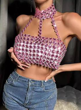 top neck halter camisole gem backless fit slim nightclub